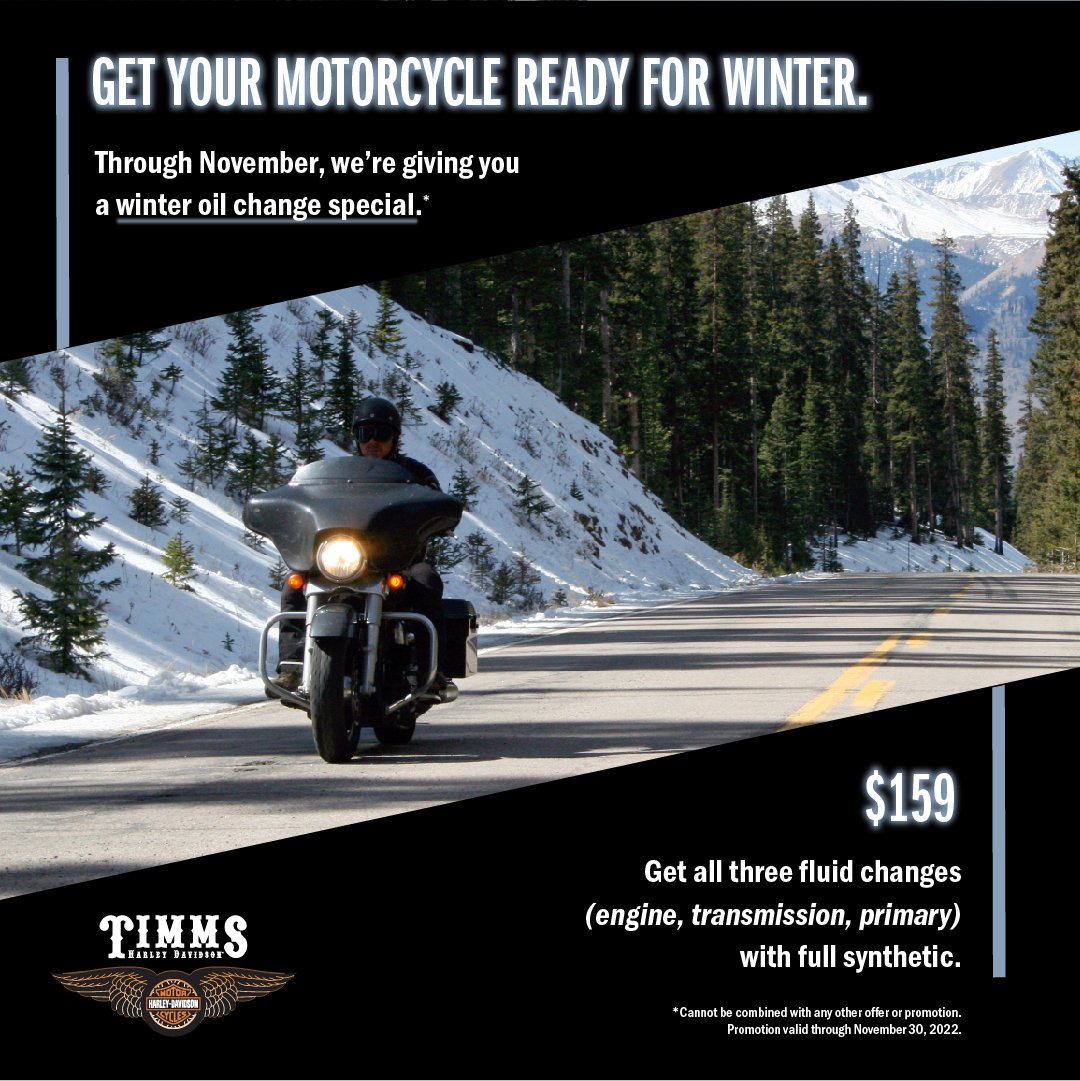 Graphic that includes a photo of an HD motorcycle driving down a wintry, mountain road with text …